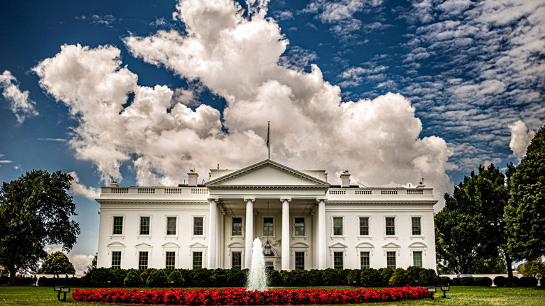 White House with clouds in the background and red roses in front