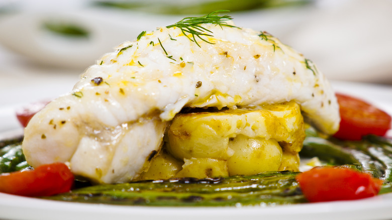 Close-up of pan-fried monkfish fillet