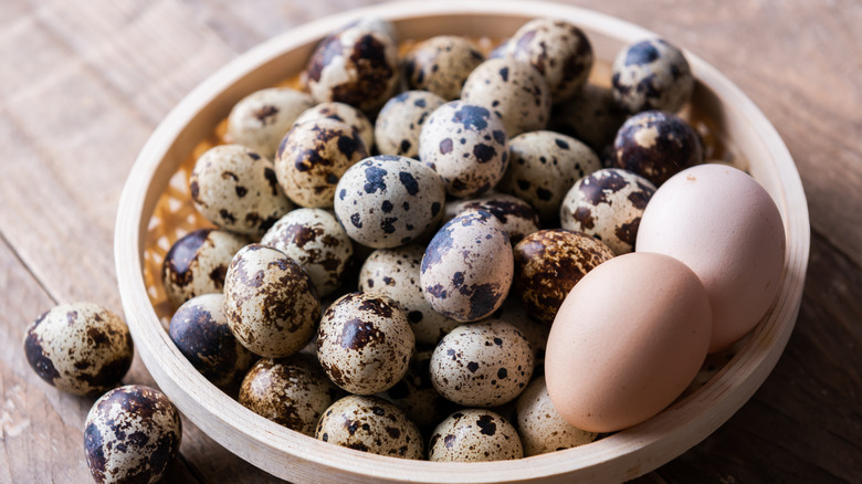 chicken and quail eggs in a bowl