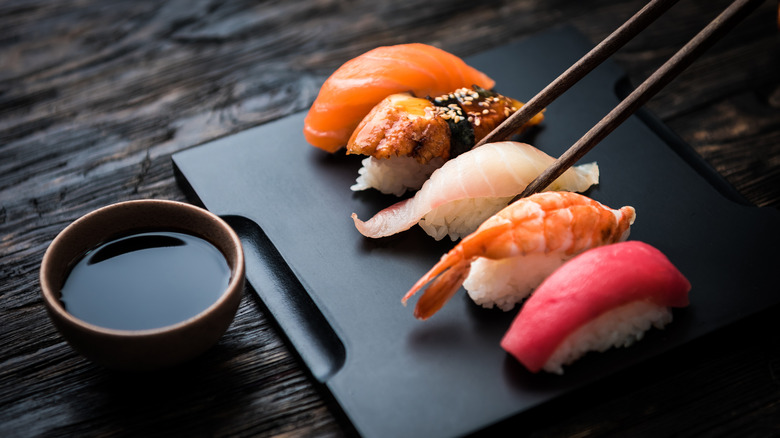 nigiri placed on cutting board