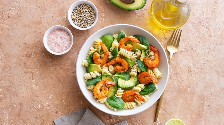 Shrimp pasta salad with avocado