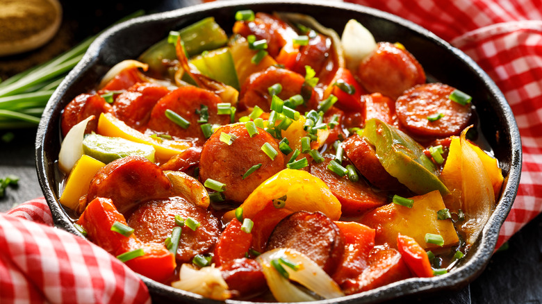 sausage peppers and onion in skillet