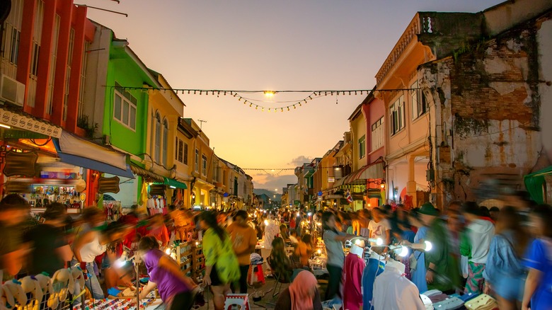 Crowded Southeast Asian night market 