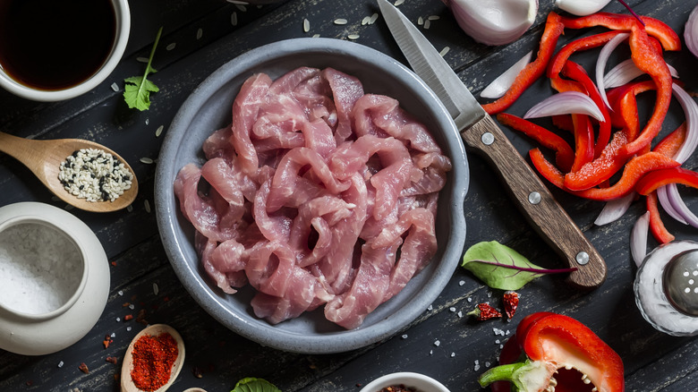 Top down of raw meat for stir fry