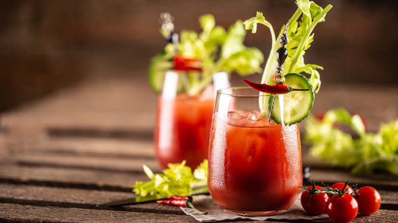 Bloody marys with peppers and cucumber