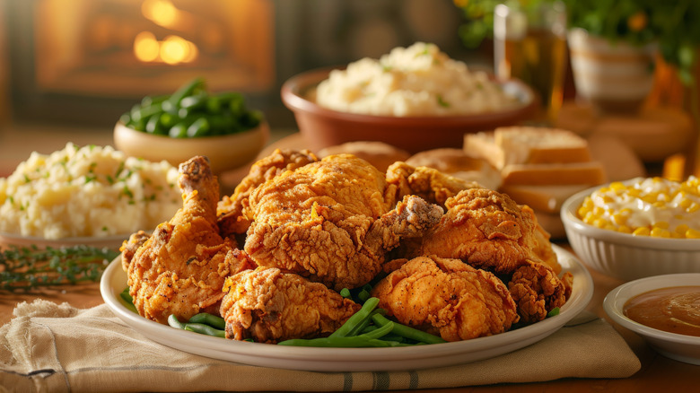 Platter of fried chicken with mashed potatoes and green beans