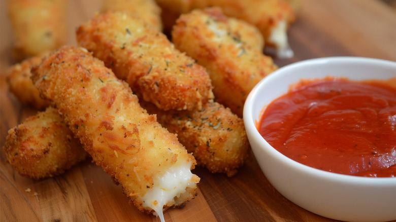 Crispy looking cheese sticks with marinara sauce