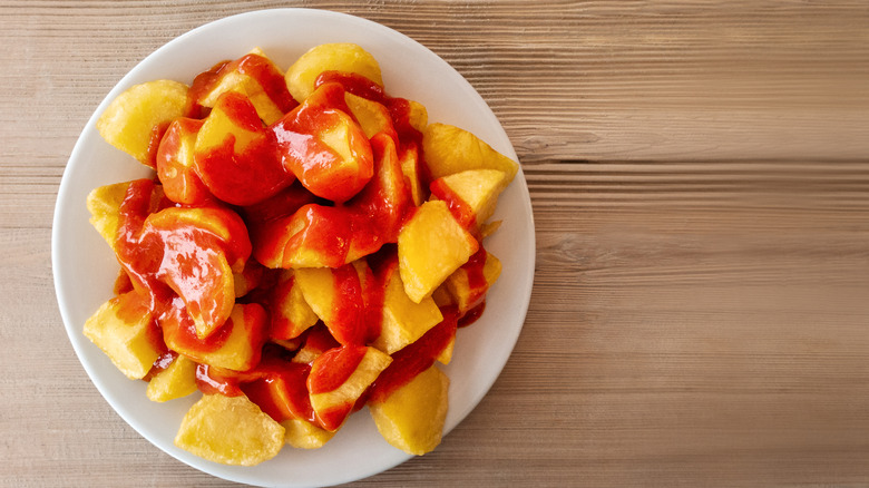 patatas bravas on a white plate