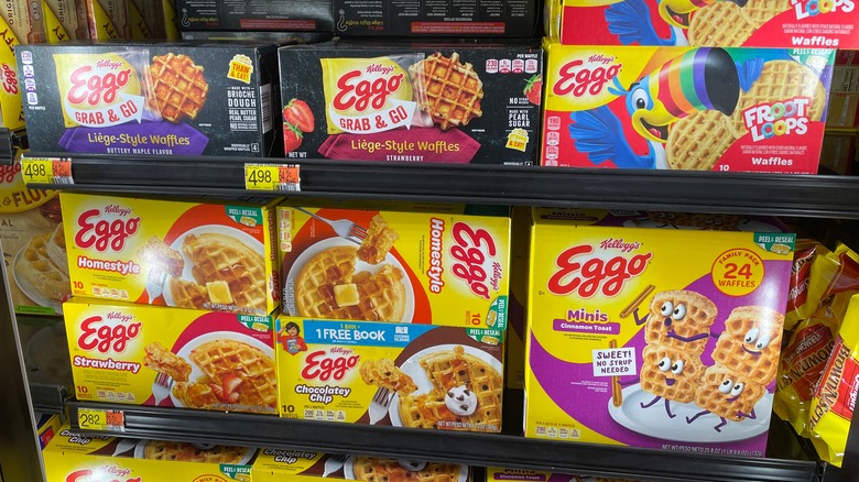 Various Eggo flavors in freezer