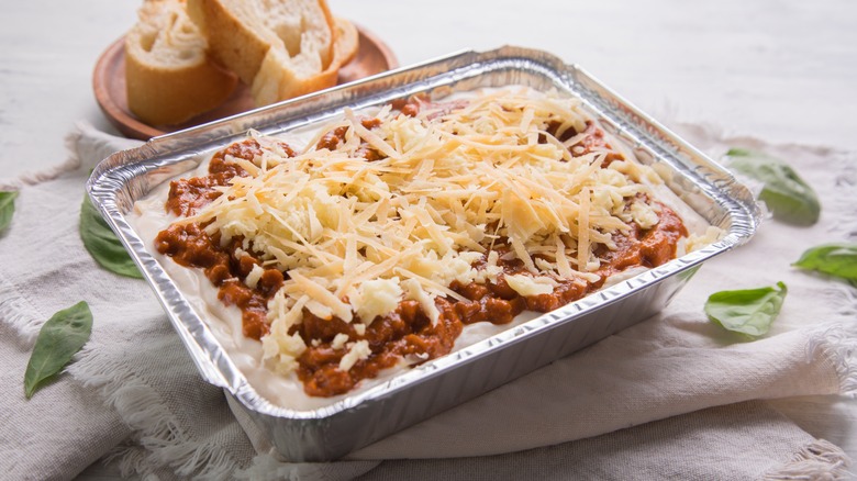 frozen lasagna in tray