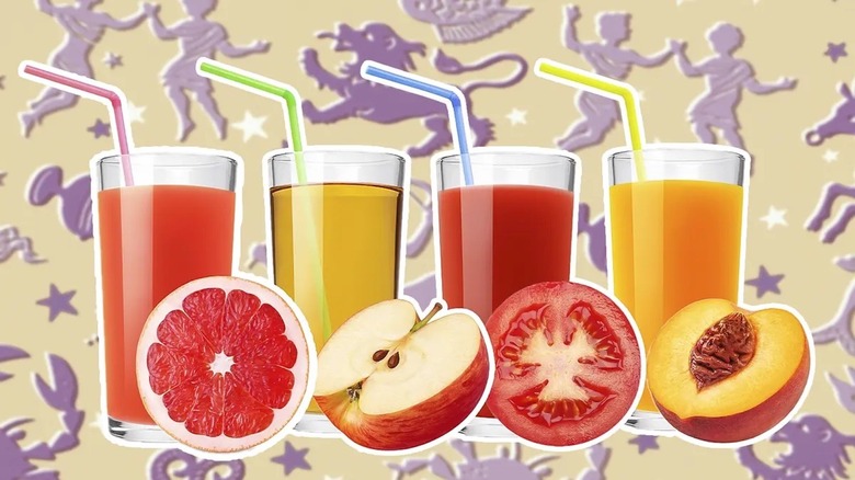 fruits and fruit juices on zodiac background