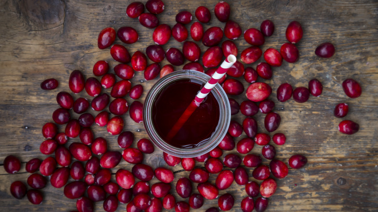 aerial view of cranberry juice in glass with straw