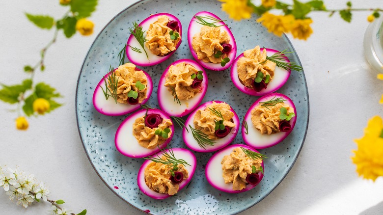 beet-dyed deviled eggs