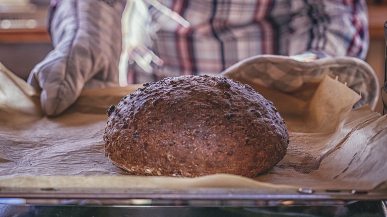 loaf of bread in oven