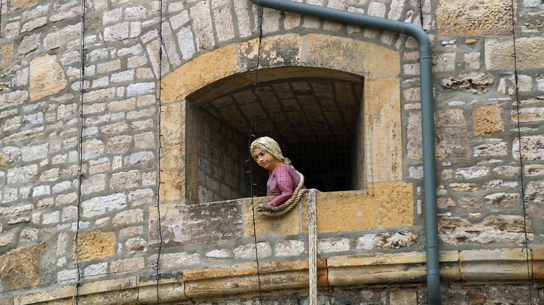 Statue of Rapunzel in a German tower