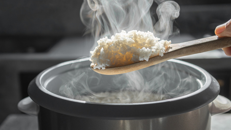 Pot of steaming rice