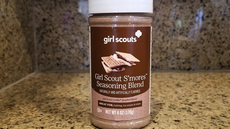 Bottle of Girls Scout S'mores Seasoning Blend on countertop