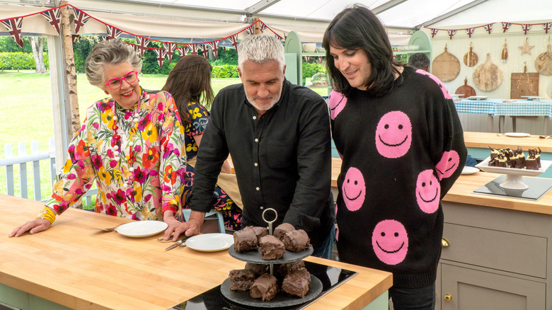 Great British Baking Show judges Paul Hollywood, Prue Leith, and Noel Fielding