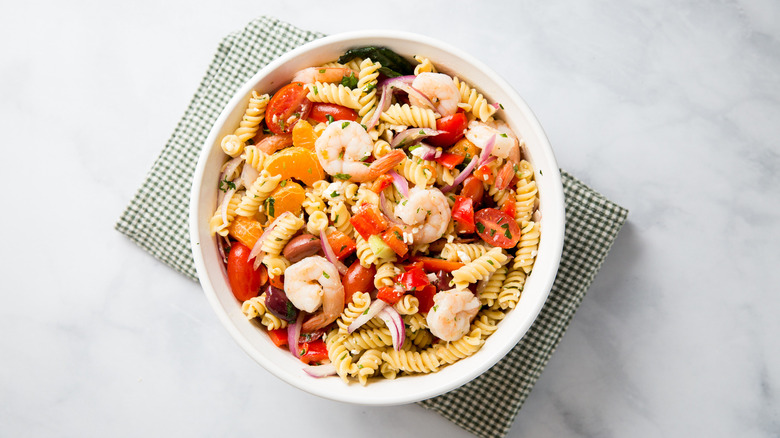 shrimp pasta salad on table