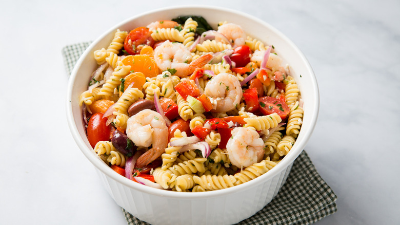 shrimp pasta salad on table