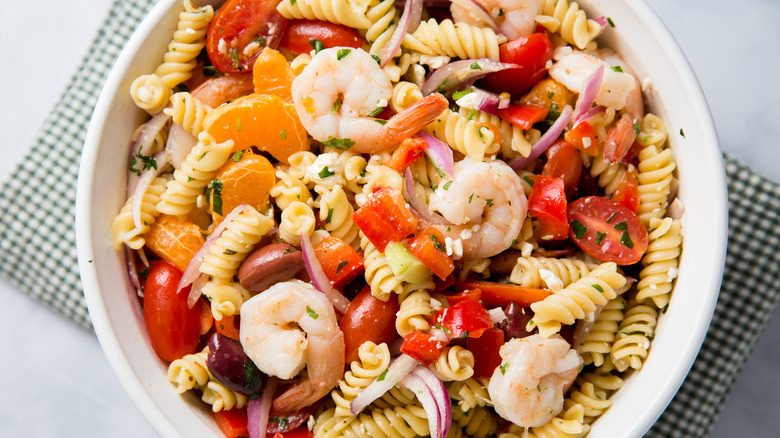 shrimp pasta salad in bowl