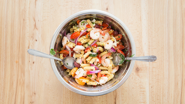 shrimp pasta salad in bowl