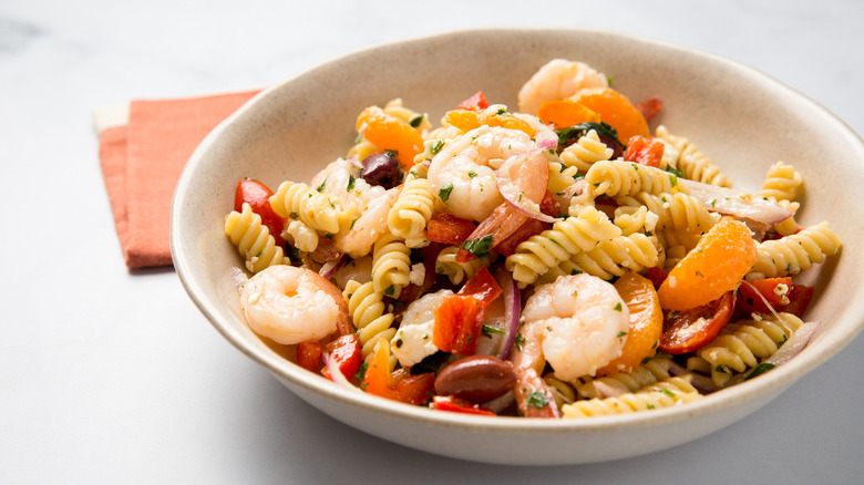 shrimp pasta salad in bowl