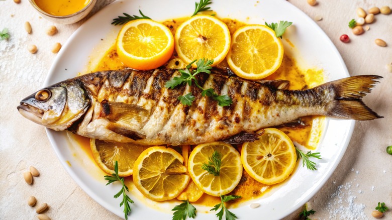 Grilled fish and grilled lemon