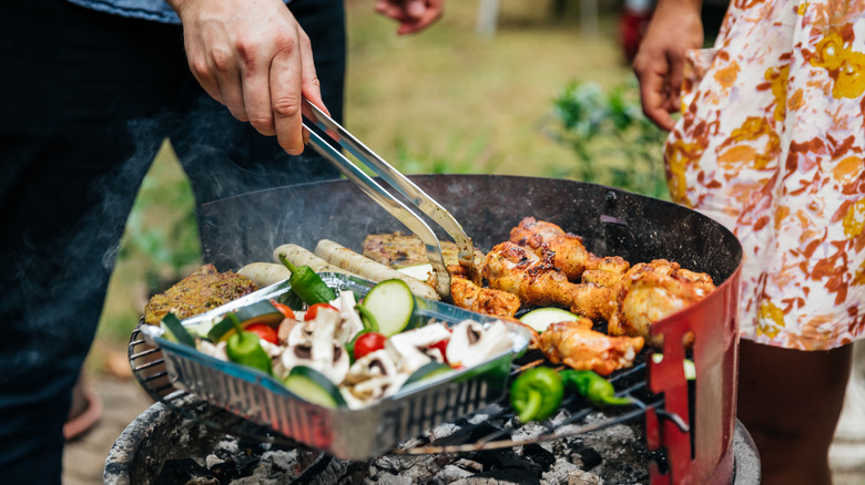 two zone grilling chicken and veggies