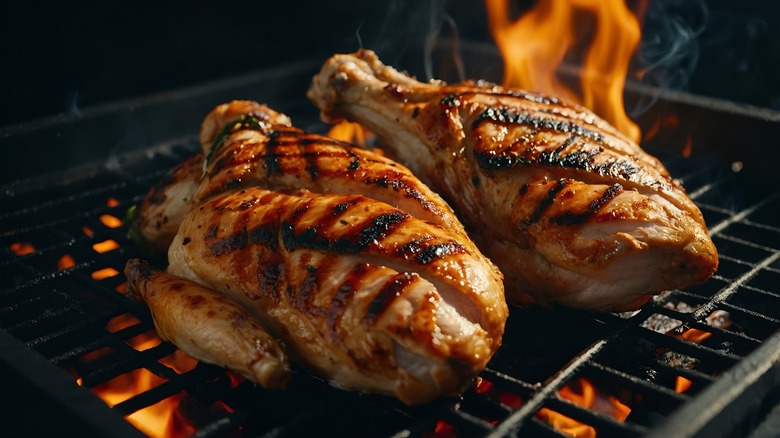 sliced charred chicken on grill