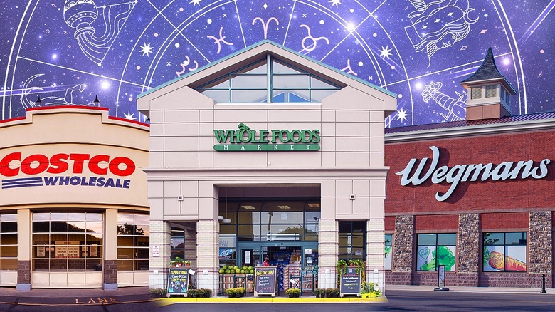 Grocery storefronts with the zodiac calendar in the sky above