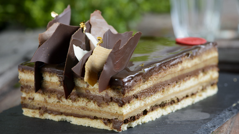 Opera cake loaf on table