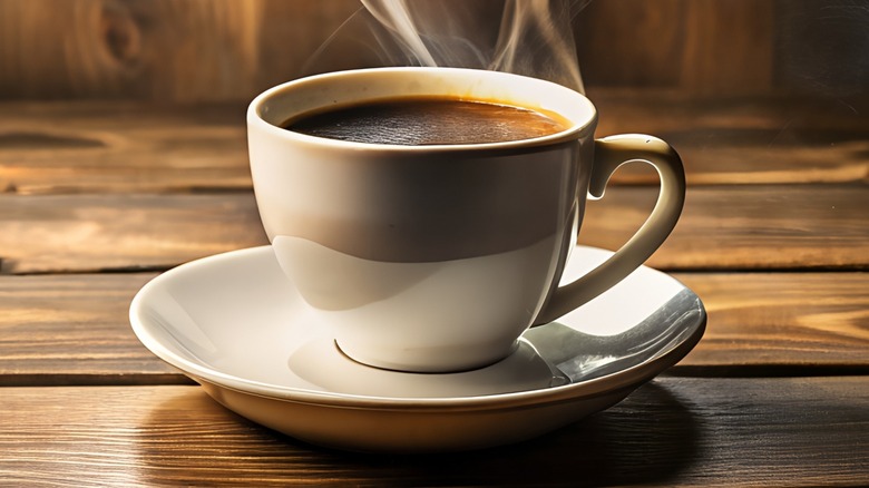 A steaming mug of coffee on a wooden table