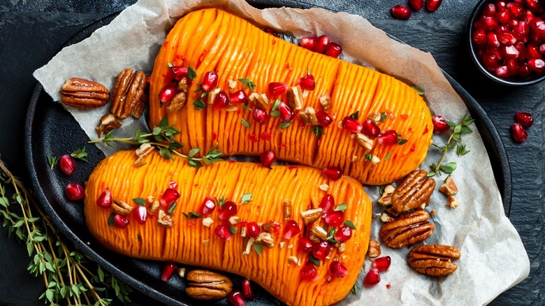 Hasselback squash with pomegranate