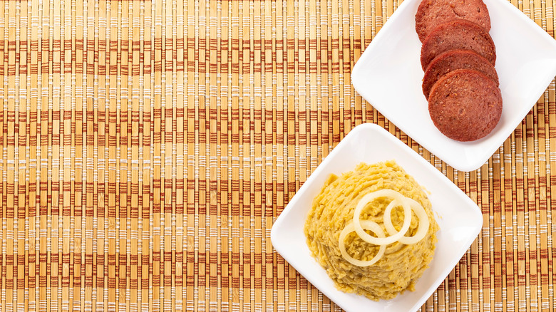 Plate of Dominican salami and plantains