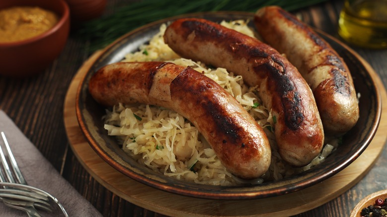 Plate of bratwursts and sauerkraut