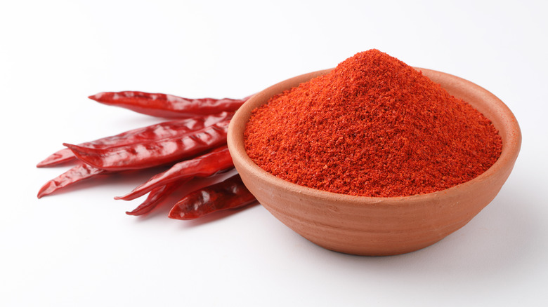 Ground paprika powder and chilis 