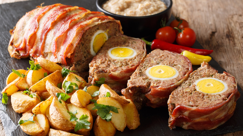 meatloaf with boiled egg and potato wedges