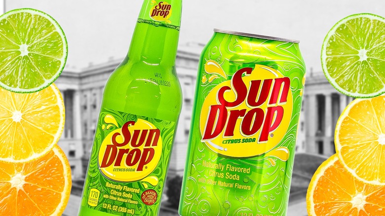 bottle and can of Sun Drop soda