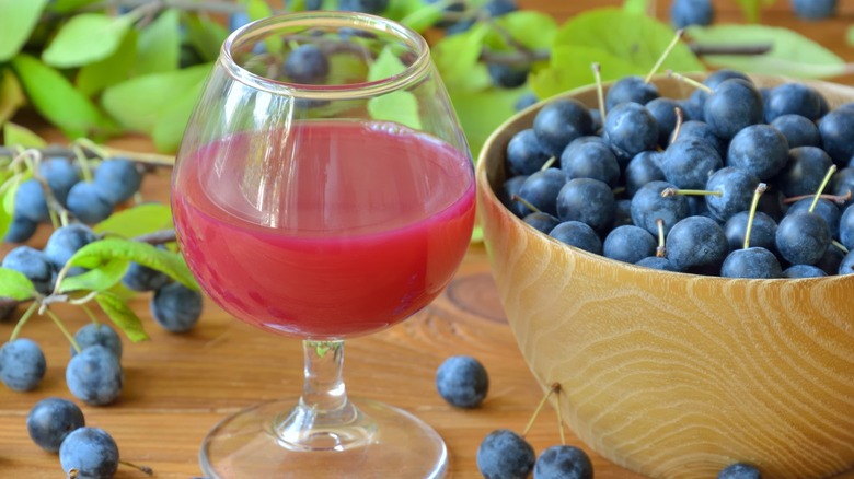 Sloe drupe berries and sloe gin