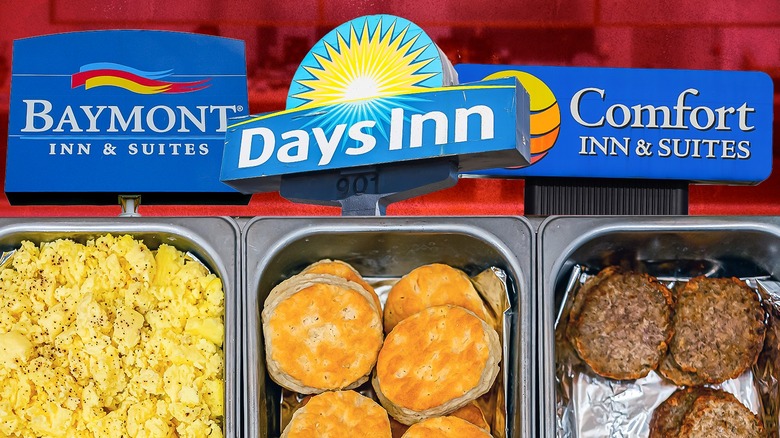 Breakfast foods in trays in front of collage of hotel signage