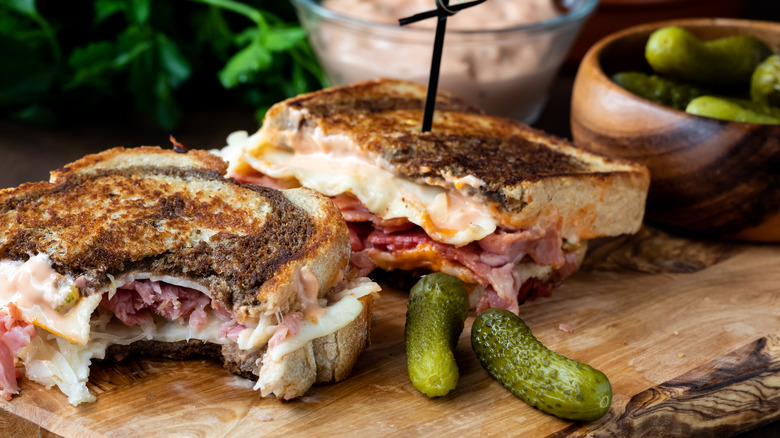 Reuben sandwich with bite