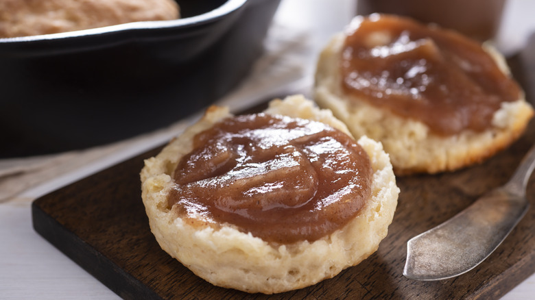 apple butter on homemade biscuits