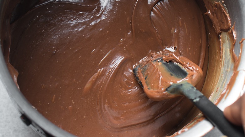 Chocolate fudge in saucepan