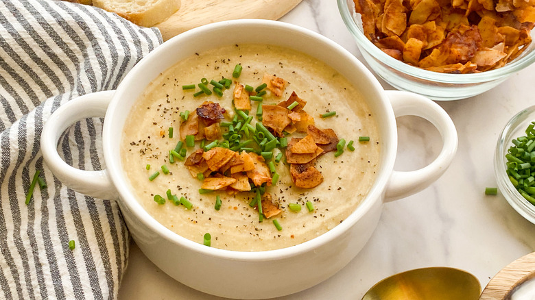 garnished vegan baked potato soup