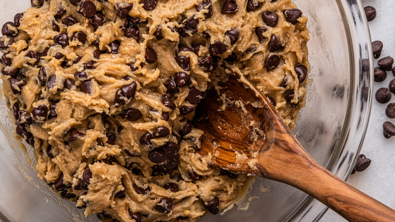 Mixing chocolate chip cookie dough