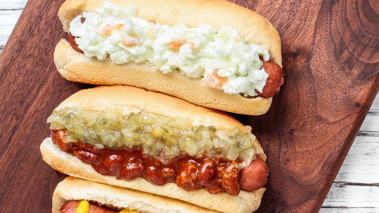 closeup of coleslaw on a hot dog