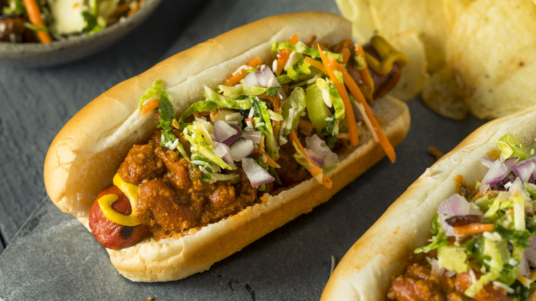 North Carolina hot dog with chili, mustard, and coleslaw