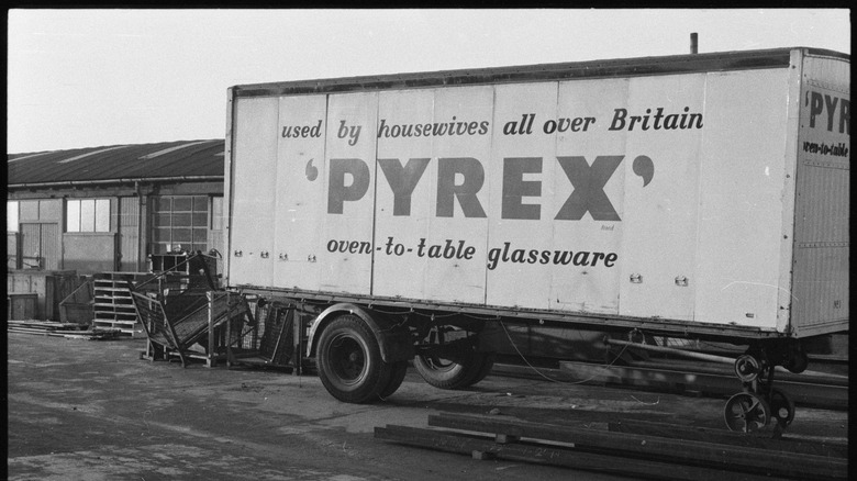 Black-and-white photo of pyrex truck