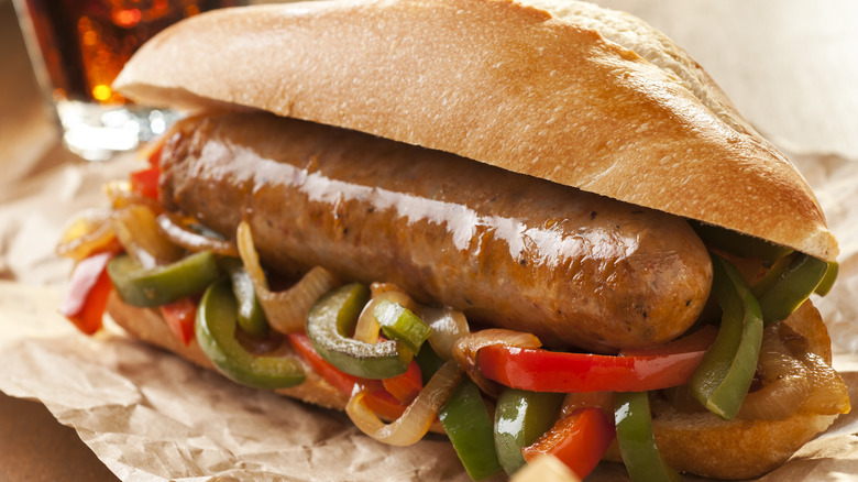 Italian sausage and peppers on roll